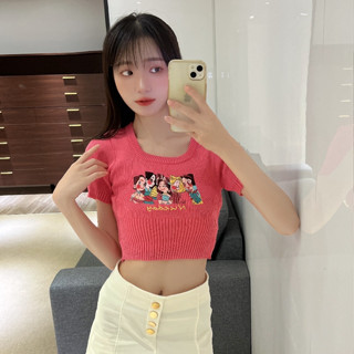 公主針織短版上衣【93852】Sandy33實拍春夏新款韓系INS休閒百搭氣質方領上衣 短袖上衣 短袖T恤 短T合身T