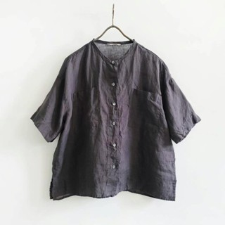 澄癮韓國選品｜棉麻無領素色襯衫(5colors)｜東大門選品 無印風 襯衫 棉麻 素色 無領襯衫 短袖襯衫