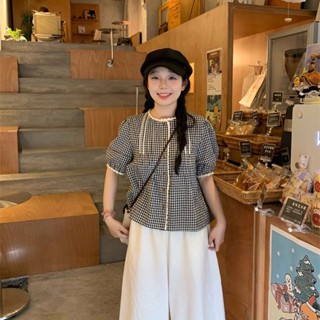 大尺碼襯衫 泡泡袖襯衫 花邊格子襯衫 荷葉邊襯衫 大碼女裝 女夏季新款法式小眾套頭寬松短袖上衣遮肚襯衫胖妹妹寬松顯瘦