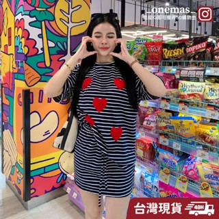 泰國獨家愛心刺繡黑白條紋短袖上衣 鬆緊短裙 兩件套 運動套裝 條紋 套裝女 休閒套裝 泰國套裝 INS休閒百搭 泰國女裝