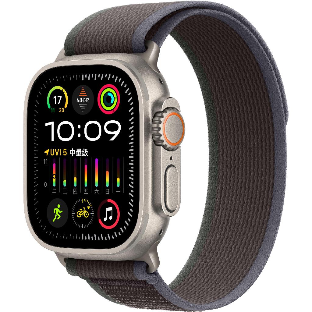 Apple Watch Ultra 2 (GPS + 行動網路)；49mm 鈦金屬錶殼；藍色配黑色越野錶環 - M/L