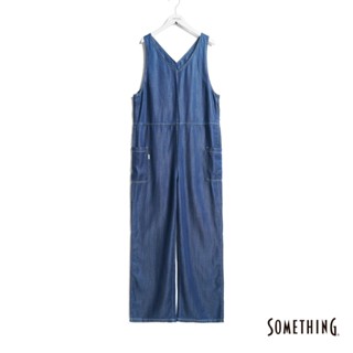 SOMETHING 女款 萊賽爾V領連身牛仔褲(酵洗藍)