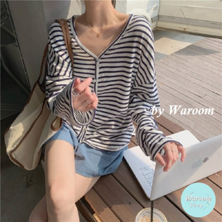 Waroom|現貨售完不補 熱賣回歸 V領薄款條紋長袖開衫|女裝|長袖T恤|防曬上衣|打底衫|外套|條紋上衣 2055