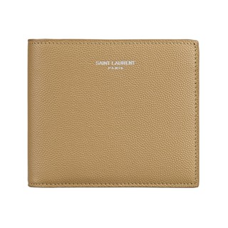 YSL SAINT LAURENT燙印銀字LOGO荔枝紋小牛皮8卡對折短夾(柚木棕)