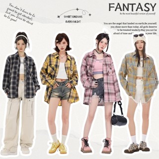 【FANTASY】格子長袖襯衫 薄款襯衫外套 翻領上衣 POLO衫 寬鬆上衣 防曬襯衣 粉色格紋襯衫外套 韓版復古 女