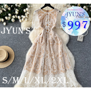 JYUN'S 夏季新款法式高階宮廷風精緻洋裝女重工刺繡花朵圓領泡泡袖蕾絲收腰顯瘦大擺裙短袖洋裝大尺碼1色S~2XL預購