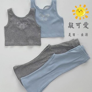 🍼小奶蓋kids🍼現貨🍼🌈女童套裝 背心上衣 背心套裝 喇叭褲 長褲 純棉 純色 露背