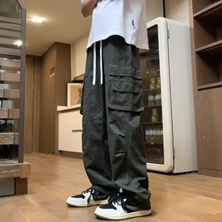 休閒工裝褲 男長褲 直筒褲 工裝長褲 闊腿褲 工裝褲男夏季薄款日系復古高街痞帥衝鋒褲子多口袋降落傘休閒長褲
