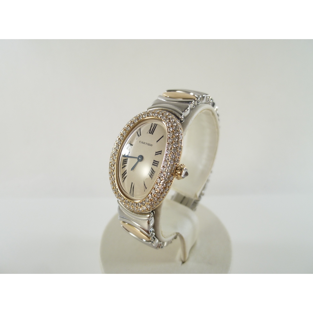 [卡貝拉精品交流] CARTIER 卡地亞 Baignoire 石英錶 女錶 浴缸 半金 18k金 專櫃正品 精鑲鑽框
