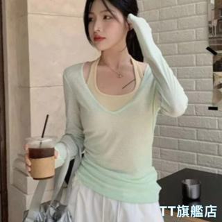 TT旗艦店 韓系V領疊穿防曬罩衫薄款長袖T恤氣質修身顯瘦掛脖吊帶內搭背心女夏季純欲時尚套裝女生衣服兩件套上衣R310