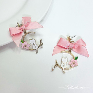 —FellinLove— 《現貨》🎀網上爆款日常粉色蝴蝶結白貓咪垂墜s925銀針耳環、純銀耳環、純銀耳針