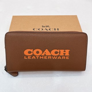 [小鄉衣櫃]過季展示品-C6699-COACH素色皮革字母印花LOGO拉鍊長夾-棕-美國OUTLET正品