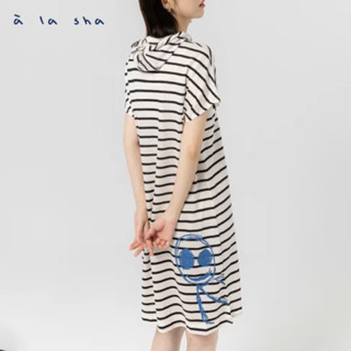 a la sha「全新、黑S/粉SM」阿財條紋連帽短袖洋裝👗