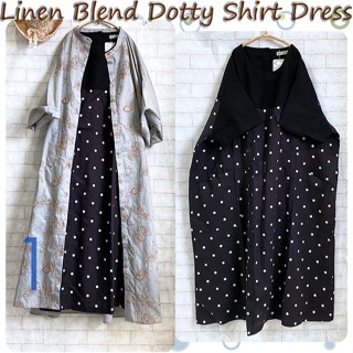 Linen Blend Dress 職人風波卡點點拼接右側半開釦棉麻長版罩衫洋裝-點點黑