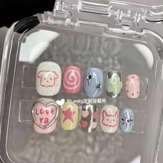 臺灣48H出貨 純手工小清新手繪美甲可愛小熊ins風手繪塗鴉手工美麗穿戴甲學生 手工穿戴甲 穿戴式美甲 美甲貼片 指甲貼