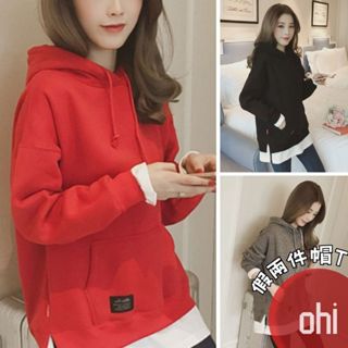 【ohi】寬鬆連帽衛衣 假兩件上衣 刷毛衛衣 長袖T恤 連帽上衣 帽t 大學t 秋冬款女裝 XGTA49