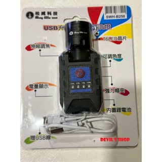 松威科技 SWH-B250 USB充電式 LED 帽沿燈 電量顯示 工作照明 釣魚