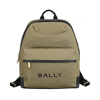 BALLY Bar燙印黑字LOGO帆布拼接牛皮拉鍊後揹包(卡其綠)