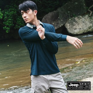 JEEP 男裝 跳色領LOGO刺繡長袖POLO衫-藍色