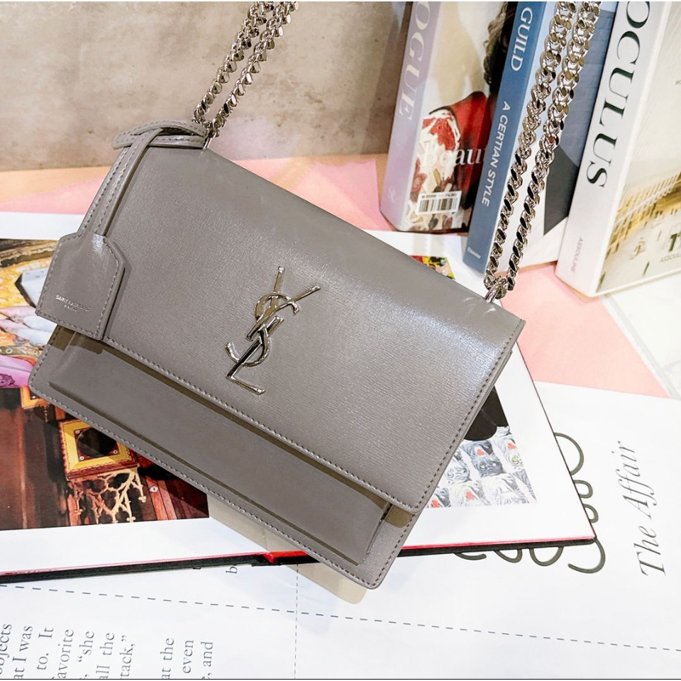 二手旗艦 YSL 冷灰色 小牛皮 銀釦 日落包 肩背包 斜背包 兩用包 (中友店)