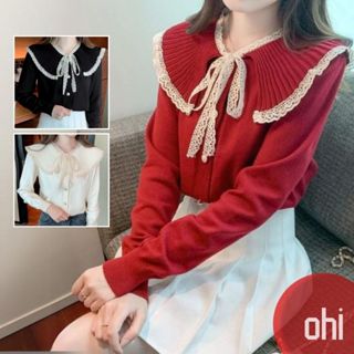 【ohi】蕾絲拼接荷葉邊娃娃領毛衣 洋氣減齡針織衫 溫柔奶系 休閒百搭 上衣 針織衫 秋款女裝 GWHD306