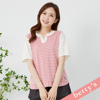 betty’s貝蒂思(31)條紋澎袖拼接小翻領上衣(粉色)