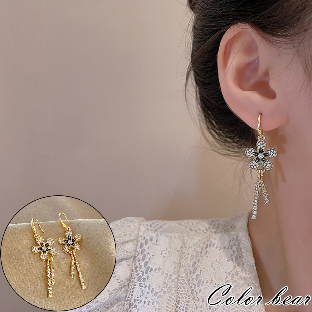 【卡樂熊】S925銀韓系花花鑽條造型耳環飾品