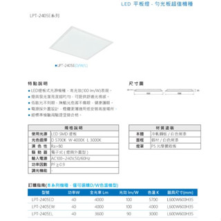 東亞 LED 平板燈 40W 32W 輕鋼架燈具 T-BAR燈 直下式 無藍光 CNS認證 LPT-2405 2209
