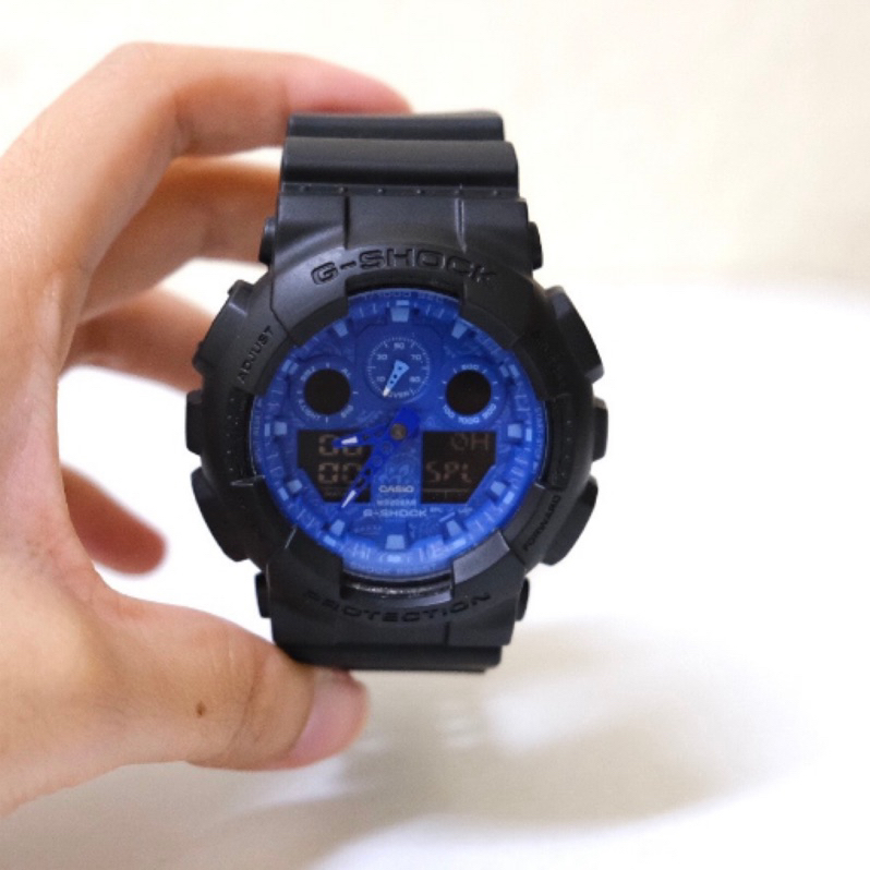 CASIO 卡西歐 G-SHOCK 粗獷外型藍色變形蟲雙顯錶-圓X藍黑 WR208AR GA-100BP-1A