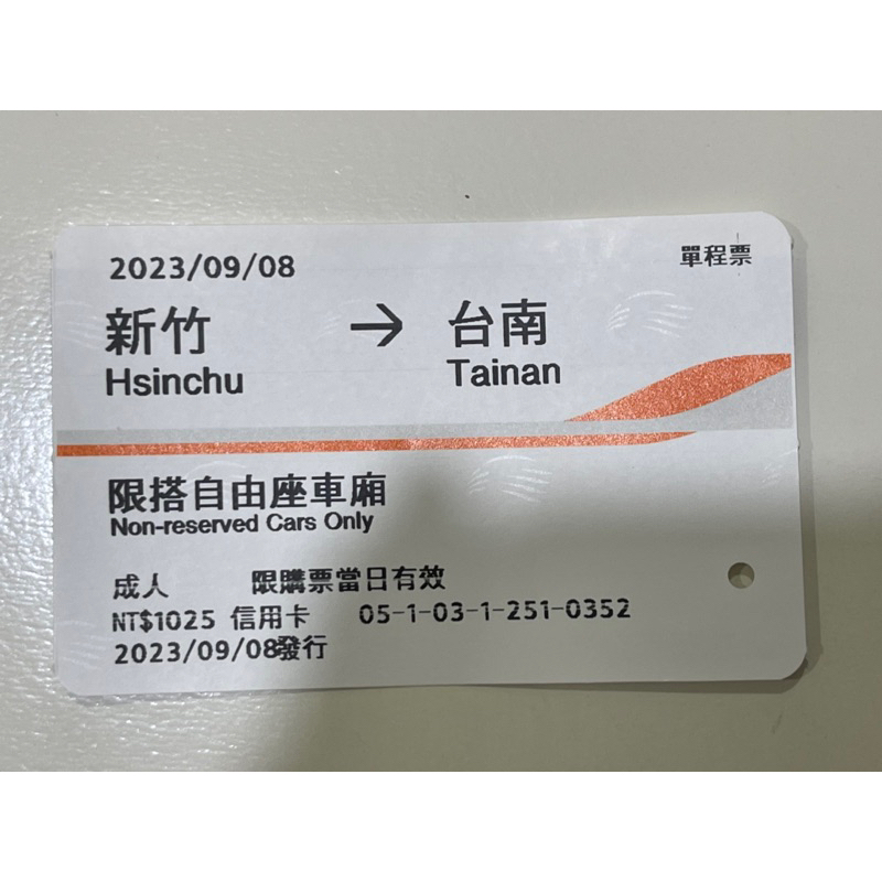 高鐵票根 9/5台南到新竹&9/8新竹到台南另有計程車收據