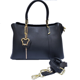 Misstery 手提包進口牛皮+超纖經典鏈飾女包/側背斜背手提包-黑A88-190BK