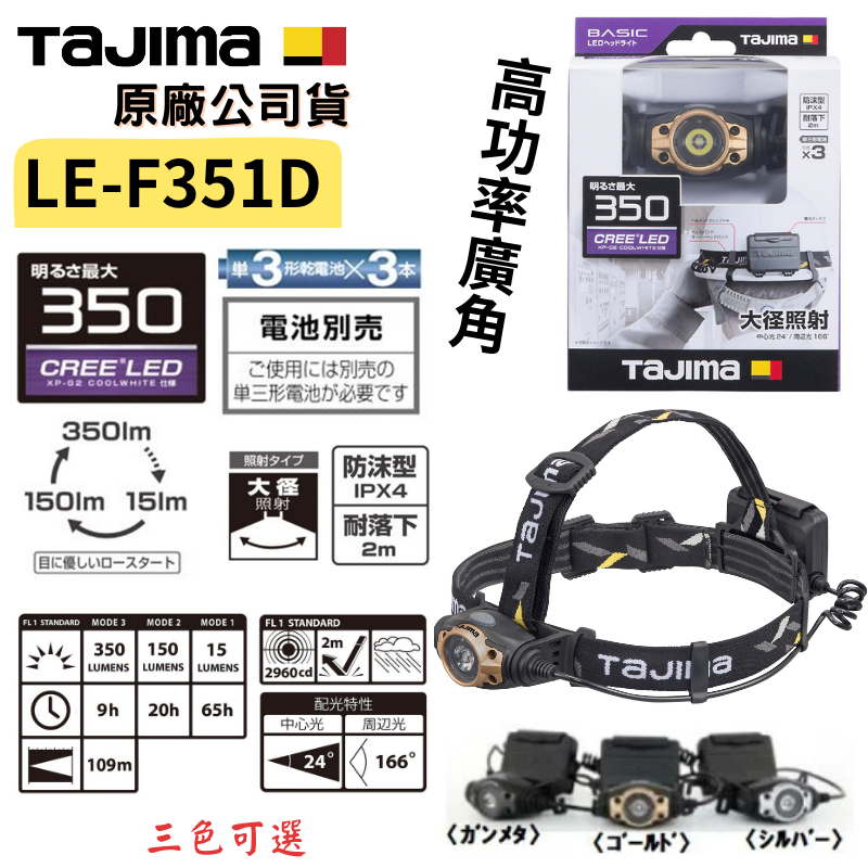 【五金大王】公司貨 TAJIMA 田島 高功率LED頭燈 F351D 鐵灰 金 銀 防水IPX4 附頭盔掛勾 350流明