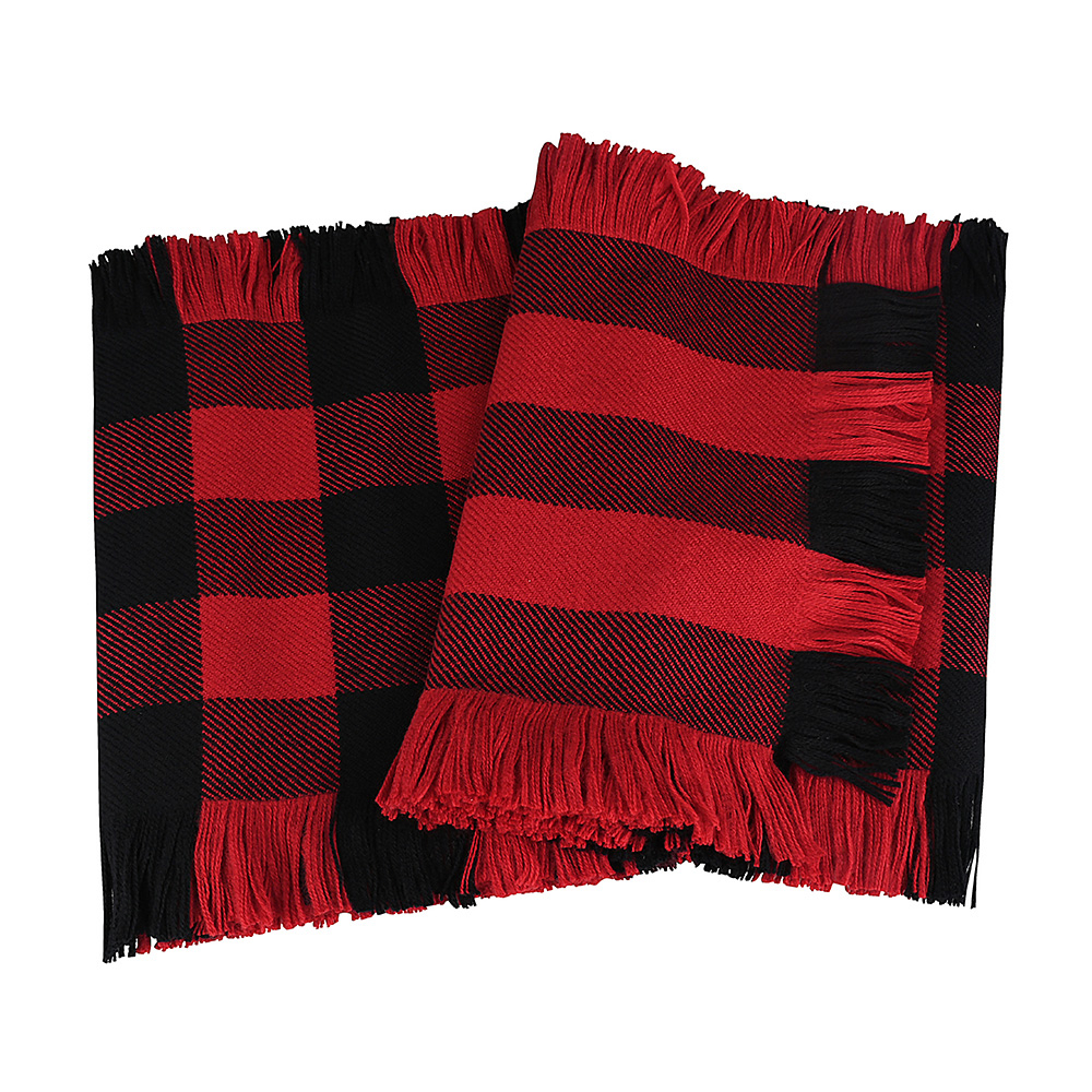 BURBERRY格紋設計羊毛流蘇邊圍巾(黑x紅)
