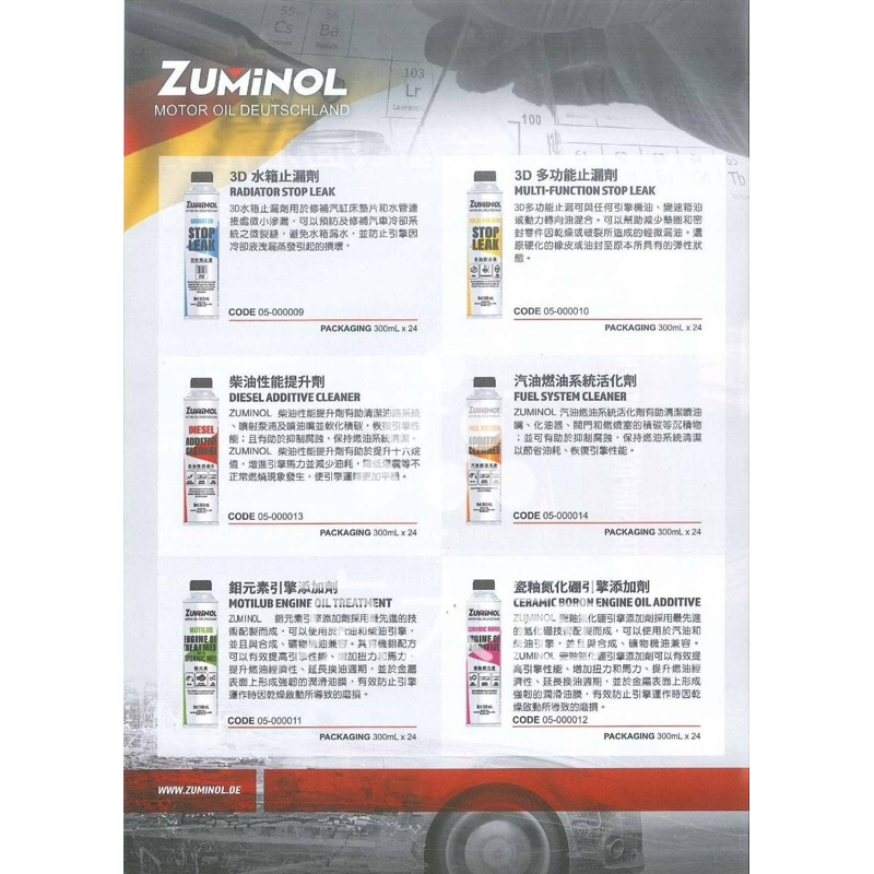 ZUMINOL全系列 汽油精 柴油精 水箱止漏劑 液態鉬 多功能止漏劑
