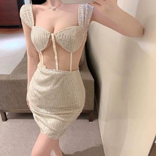 【*公主世界*】獨家💕超美 💕歐美性感夜店舞會甜辣風網紗拼接透視亮片簡約連身禮服裙