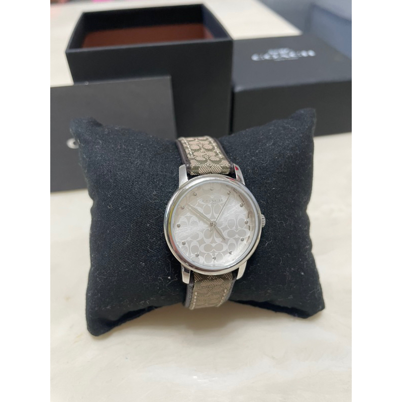 COACH銀框/白滿版LOGO錶盤/咖啡織紋布皮革錶帶手錶