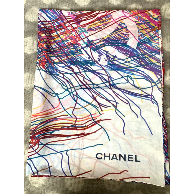 全新Chanel香奈兒 披巾 圍巾 線條塗鴉 色彩塗鴉