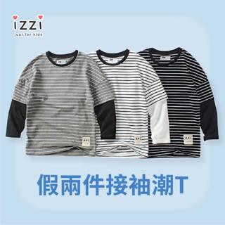 24h💗 臺灣現貨✚發票12-063【春秋款 中大童假兩件棒球袖條紋 兒童圓領長袖上衣 】精梳棉T恤 男童女童 A 1