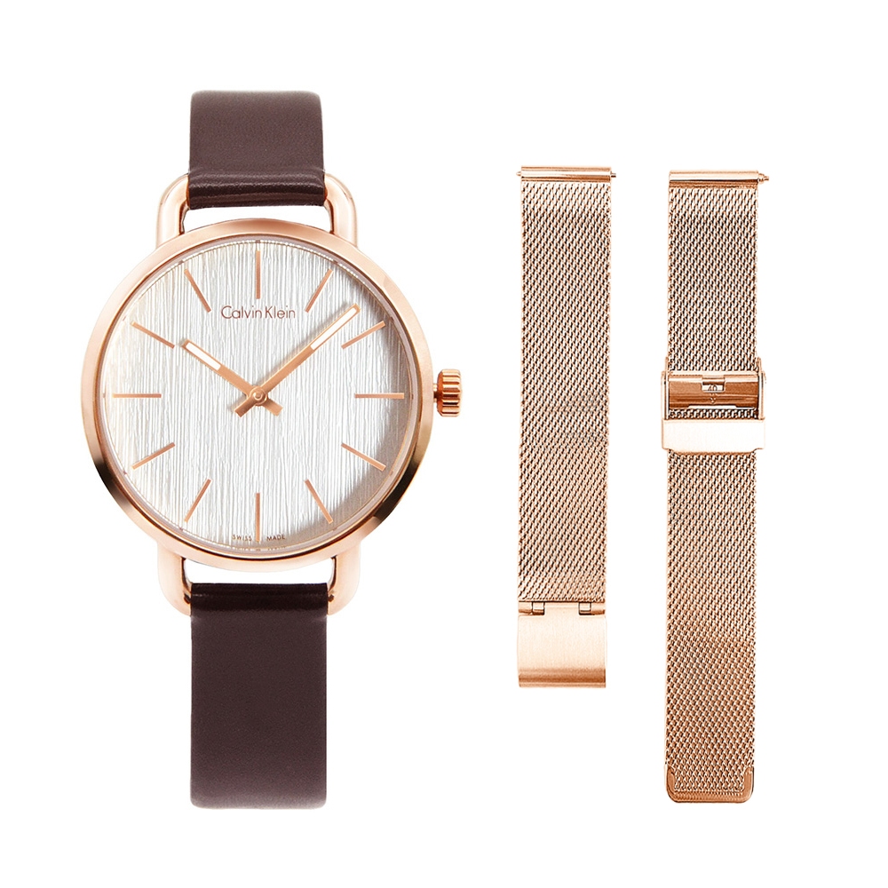 Calvin Klein |CK手錶- CK EVEN系列女錶-木質雅緻岩紋皮革腕錶K7B236G6