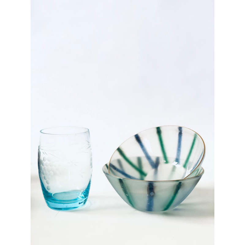 「老件」早期藍綠線條玻璃碗/冰淇淋碗