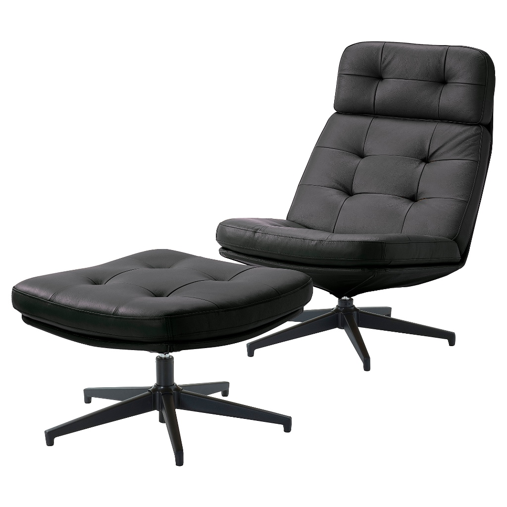 北歐IKEA宜家HAVBERG扶手椅及腳凳一組/沙發躺椅貴妃椅/皮革/黑色/二手八成新/原二件$17890特$12800