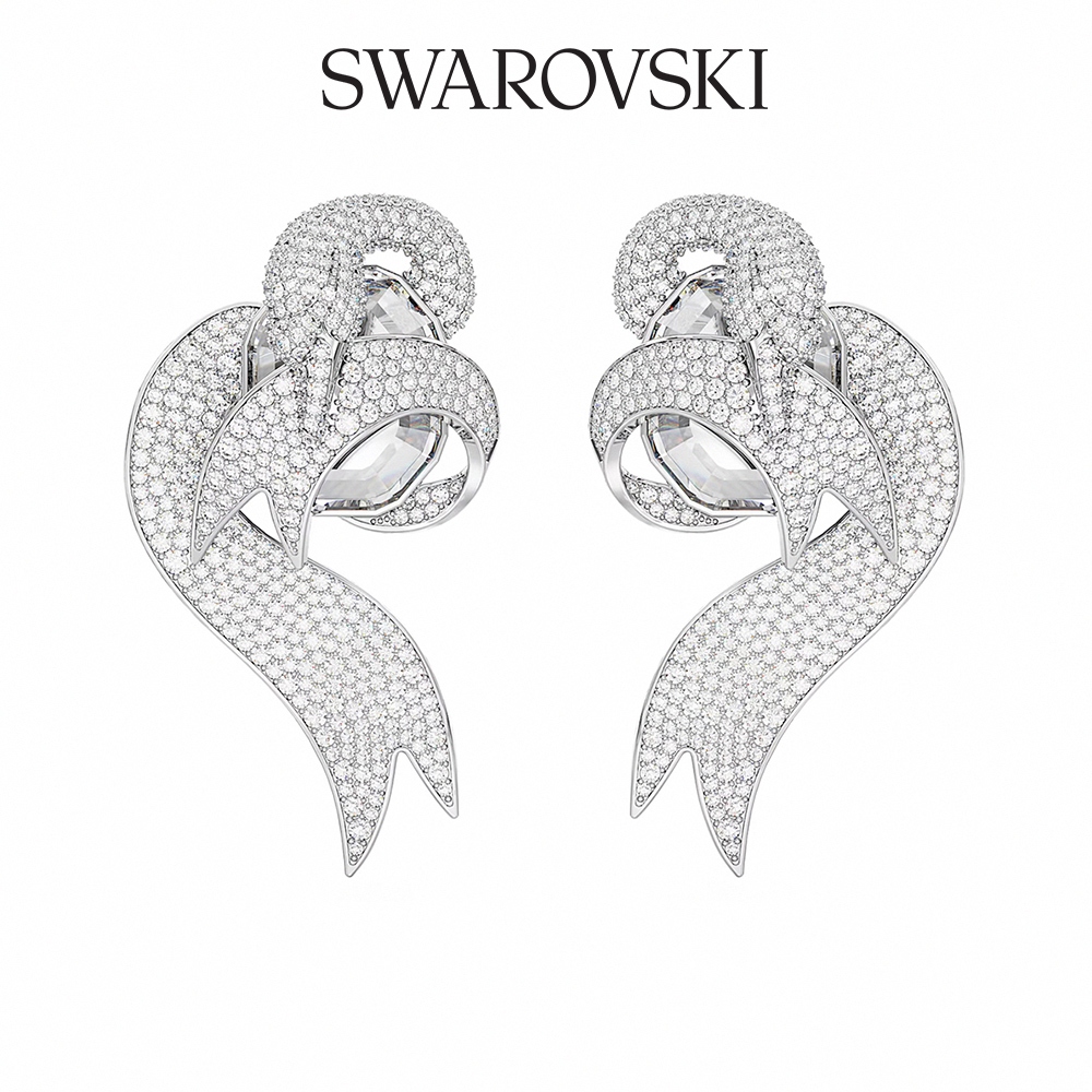 SWAROVSKI 施華洛世奇 Fashion Swan 夾式耳環 非對稱設計, 天鵝, 白色, 鍍白金色