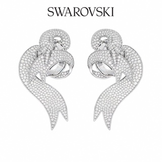 SWAROVSKI 施華洛世奇 Fashion Swan 夾式耳環 非對稱設計, 天鵝, 白色, 鍍白金色