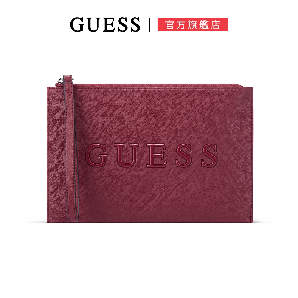 【GUESS】簡約素色LOGO拉鍊手拿包-酒紅