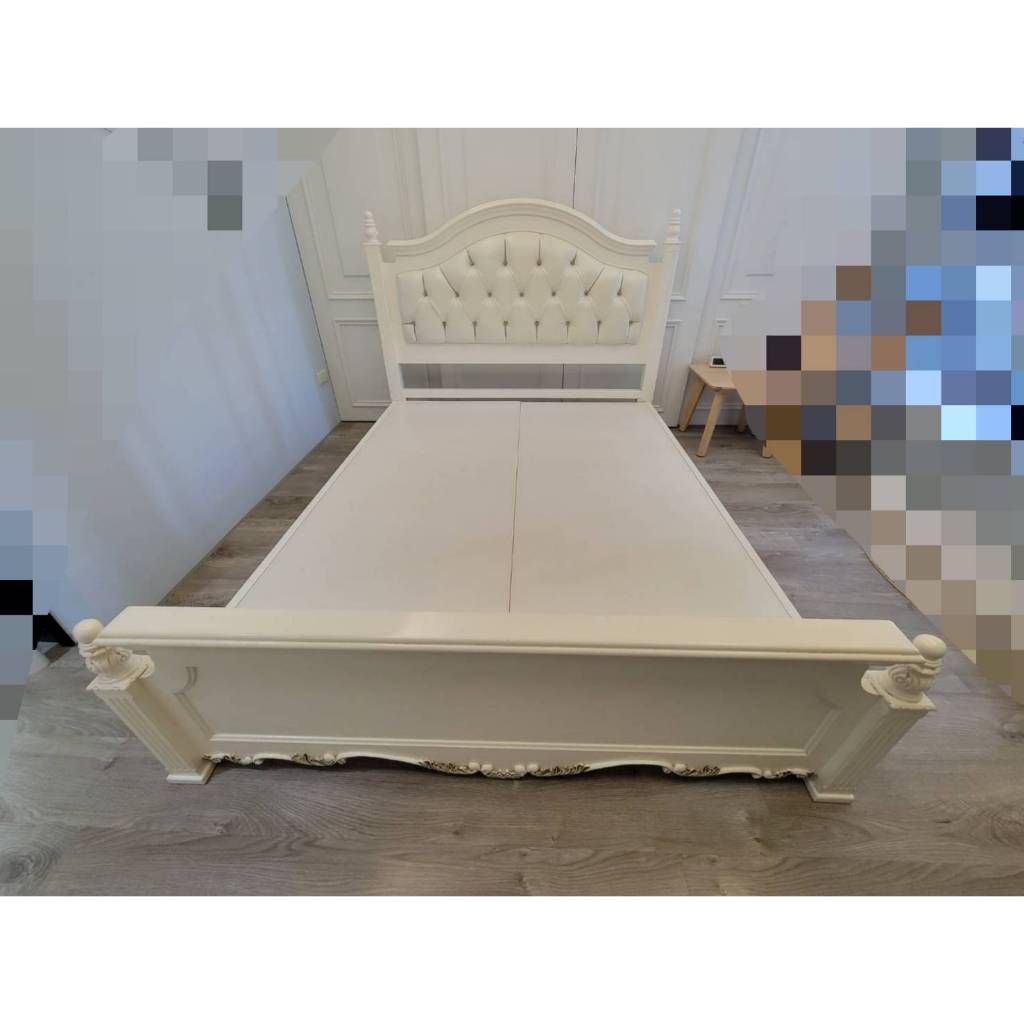 香榭二手家具*歐式公主風 實木皮革床頭標準雙人5x6.2尺床架-歐風床組-床框-床底-床箱-床板-雙人床-排骨床-原木床