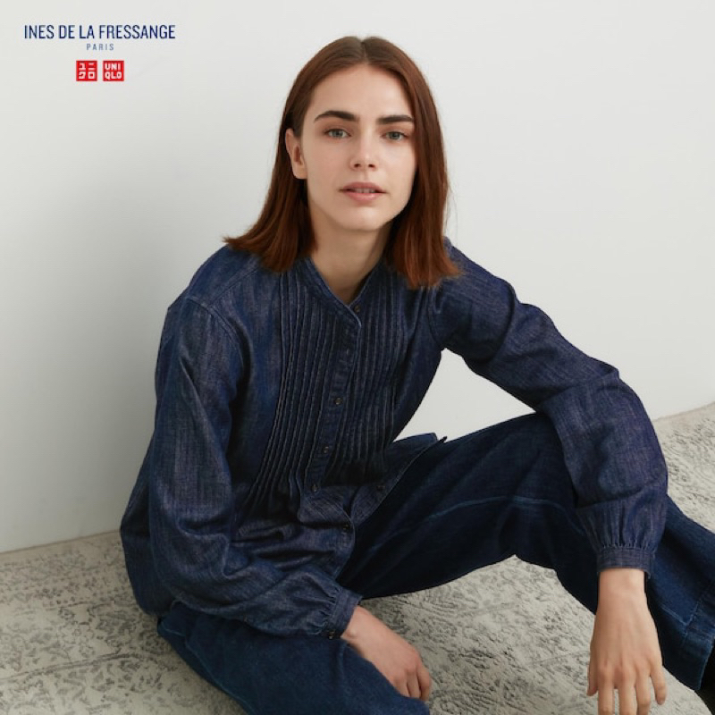 UNIQLO x INES DE LA FRESSANGE 女裝 牛仔細摺長袖襯衫462536日版L現貨