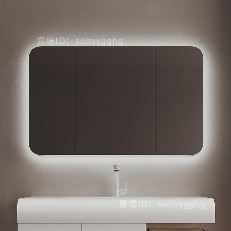 統編-工廠尺寸定製-（破損包賠）新款智能浴室鏡櫃單獨衛生間掛牆式實木圓角鏡櫃帶燈壁掛鏡箱定製浴室-鏡櫃-F7