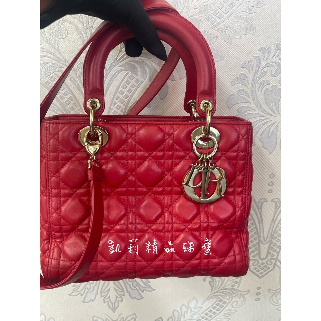 ❃凱莉精品珠寶❃-Christian Dior 迪奧 紅金 LADY DIOR 5X5黛妃包 經典款式 肩背斜背兩用包