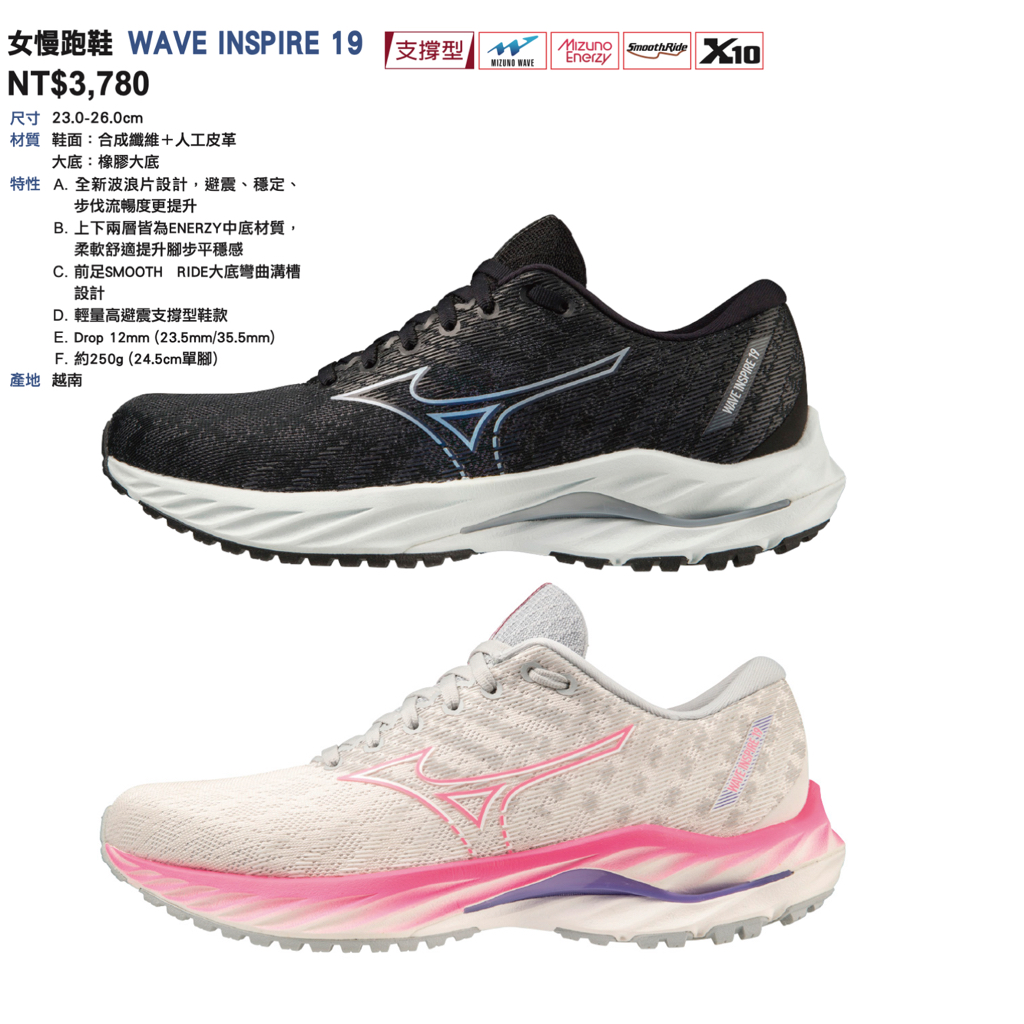 【詹姆士的店】MIZUNO 美津濃 女款 慢跑鞋 跑步鞋 WAVE INSPIRE 運動鞋 J1GC224438 寬楦