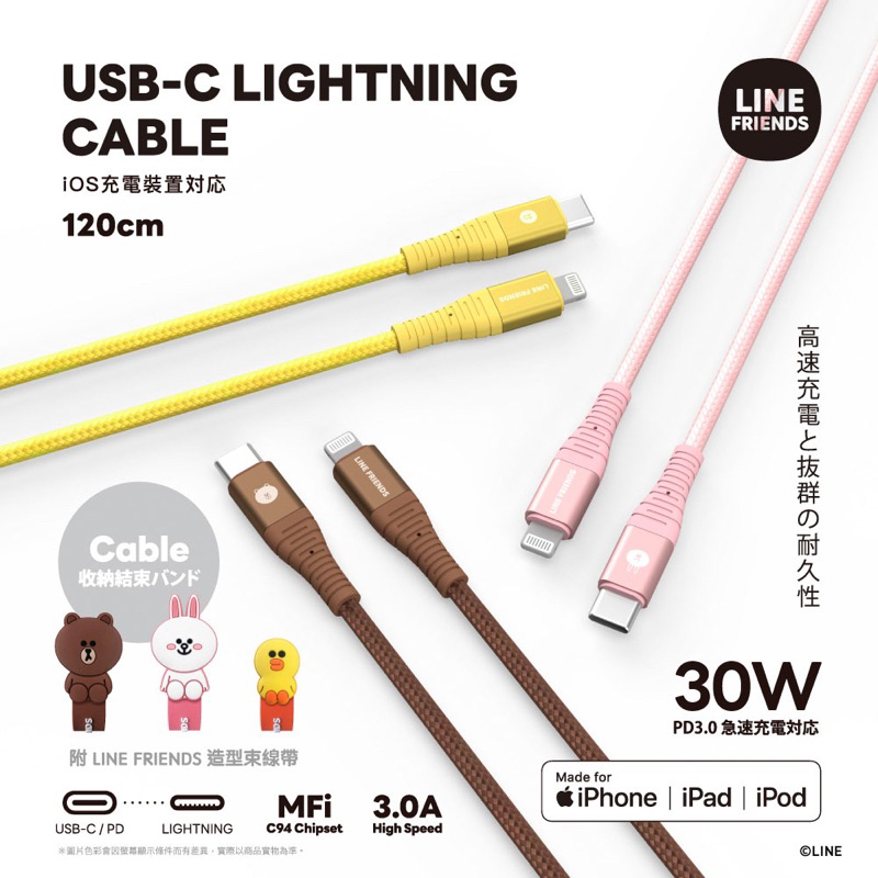 全新ONPRO LINEFRIENDS Type-C-Lightning PD快充線 1.2M 附造型束帶 熊大莎莉兔兔